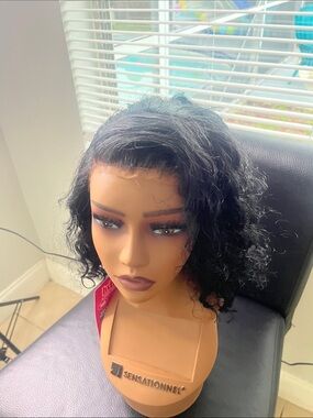 Short Curly Lace Front Wig - Natural Black pre styled unit 100% human hair